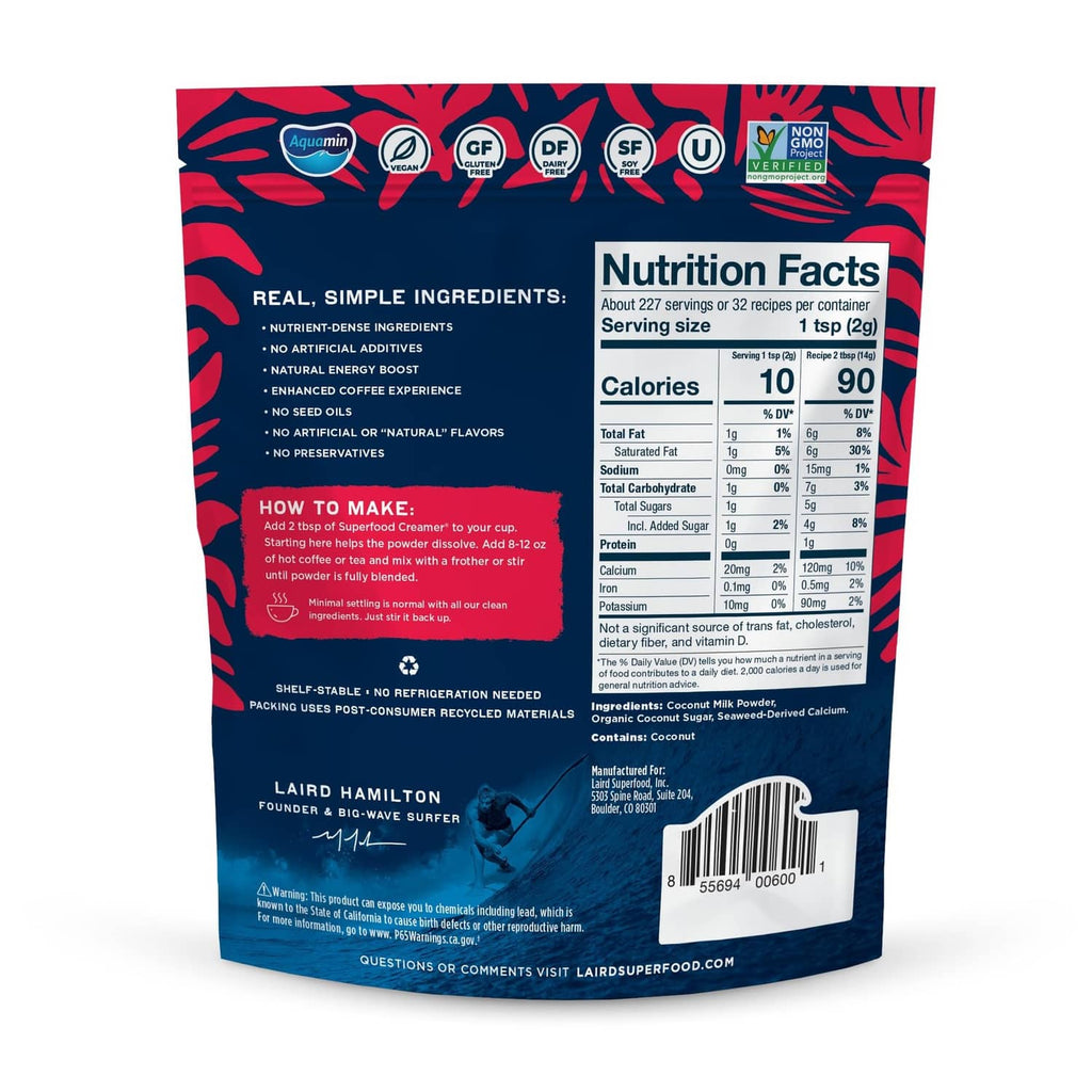 Laird Superfood coconut creamer pouch, back panel with Nutrition Facts and ingredients