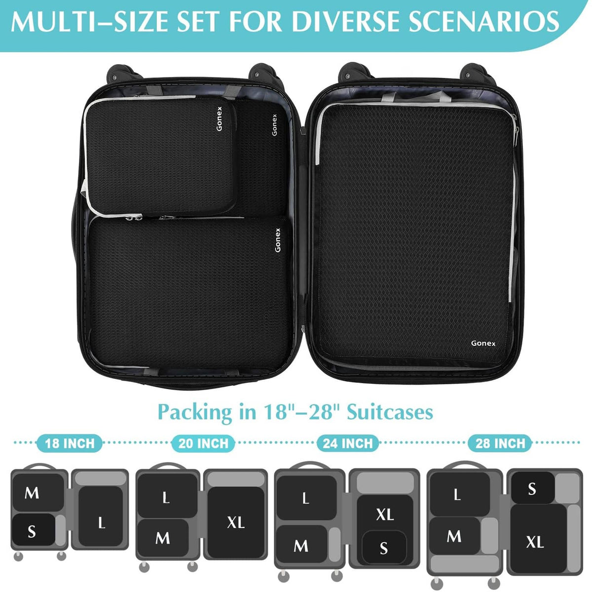 Gonex multi-size packing cubes set in black with mesh divider and zippers