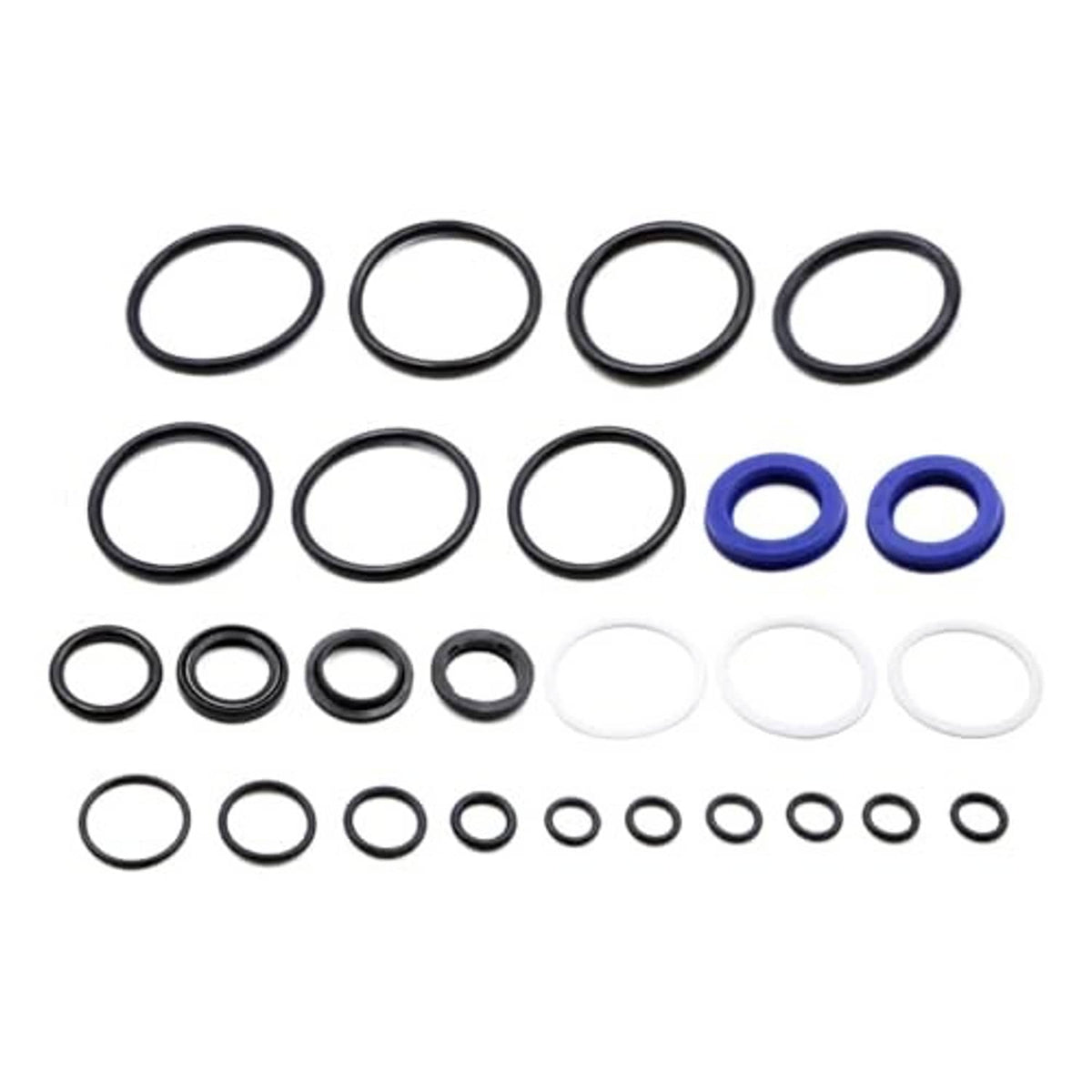 Tilt trim seal kit assortment of black O-rings, white seals, and two blue O-rings