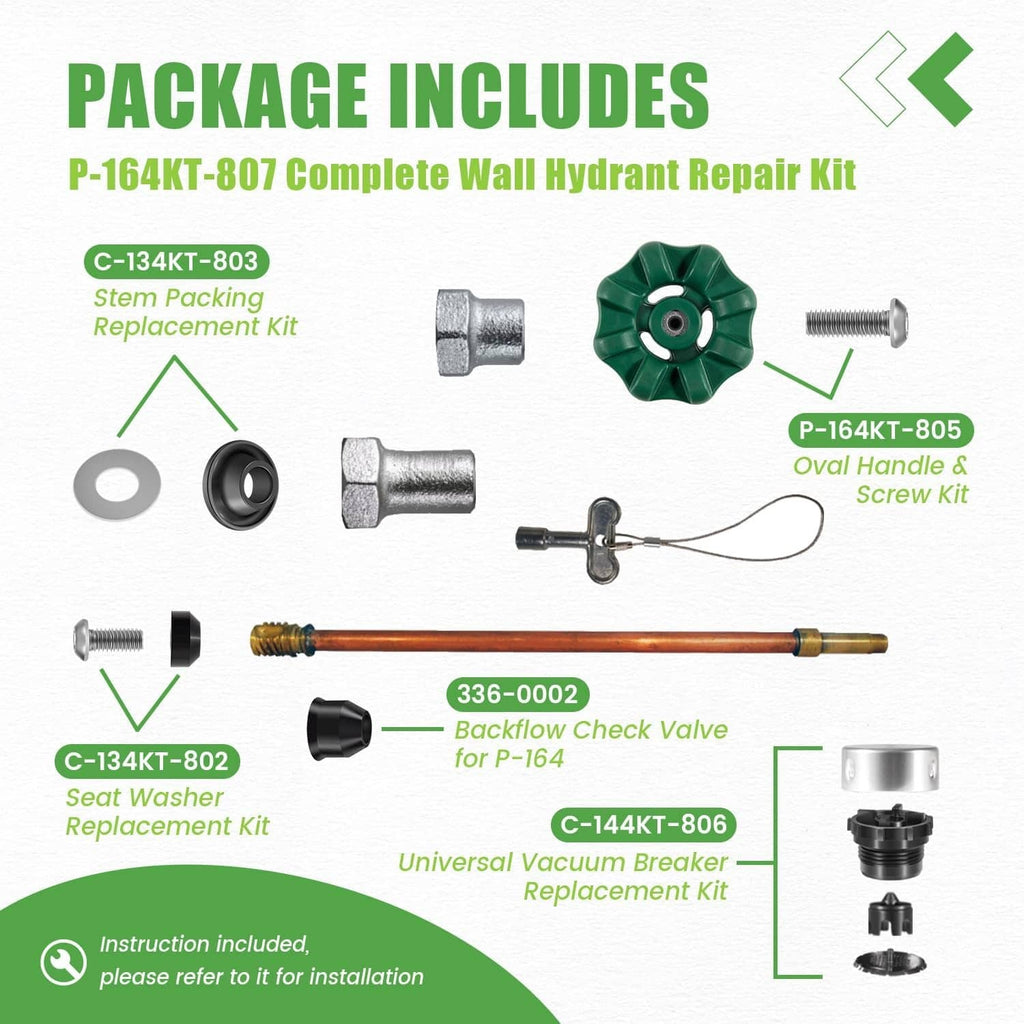 Wall hydrant repair kit package includes green handle wheel, valve parts, screw