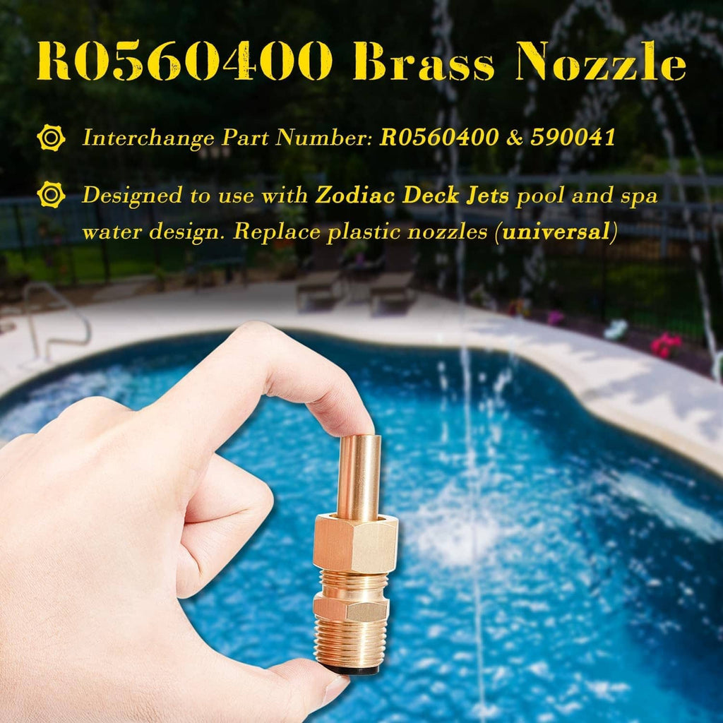 Brass deck jet nozzle replacement held in hand, threaded base and brass nut