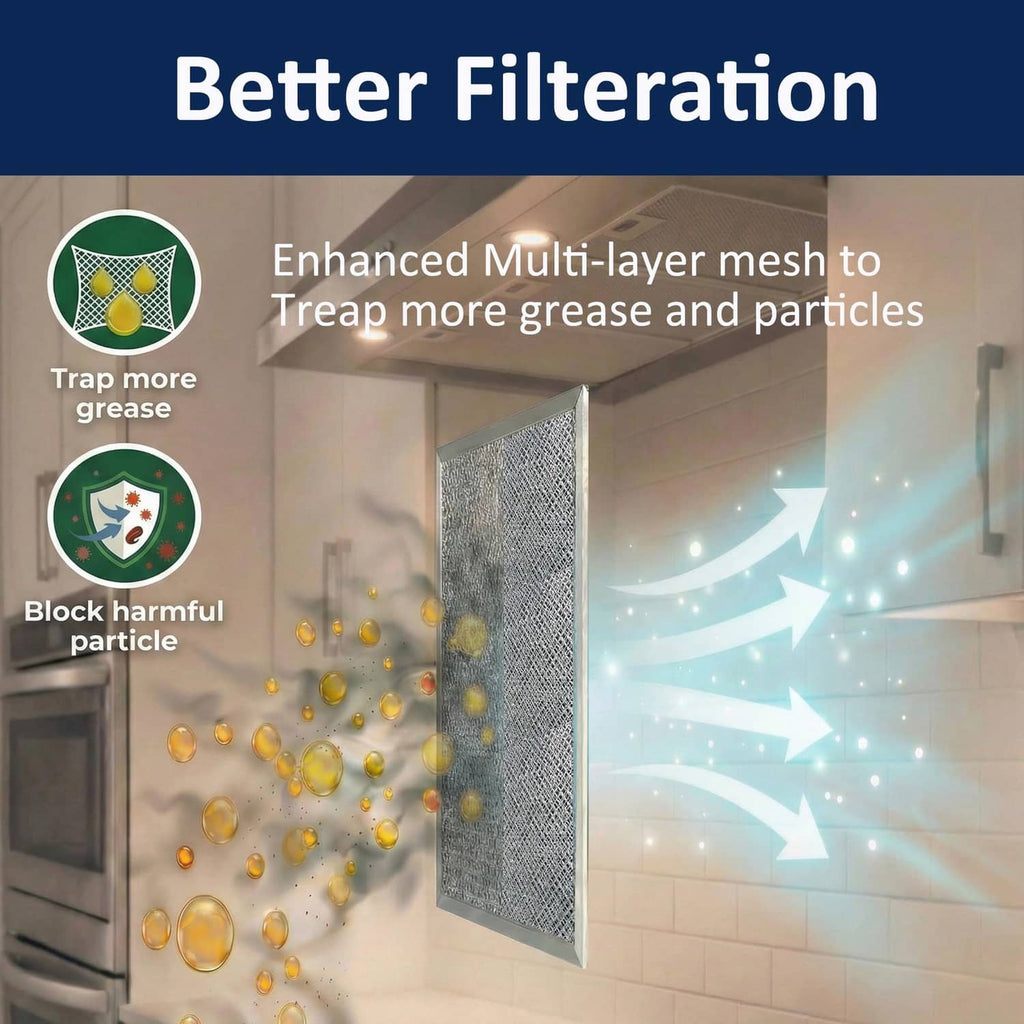 Gray metal range hood grease filter panel with fine mesh surface