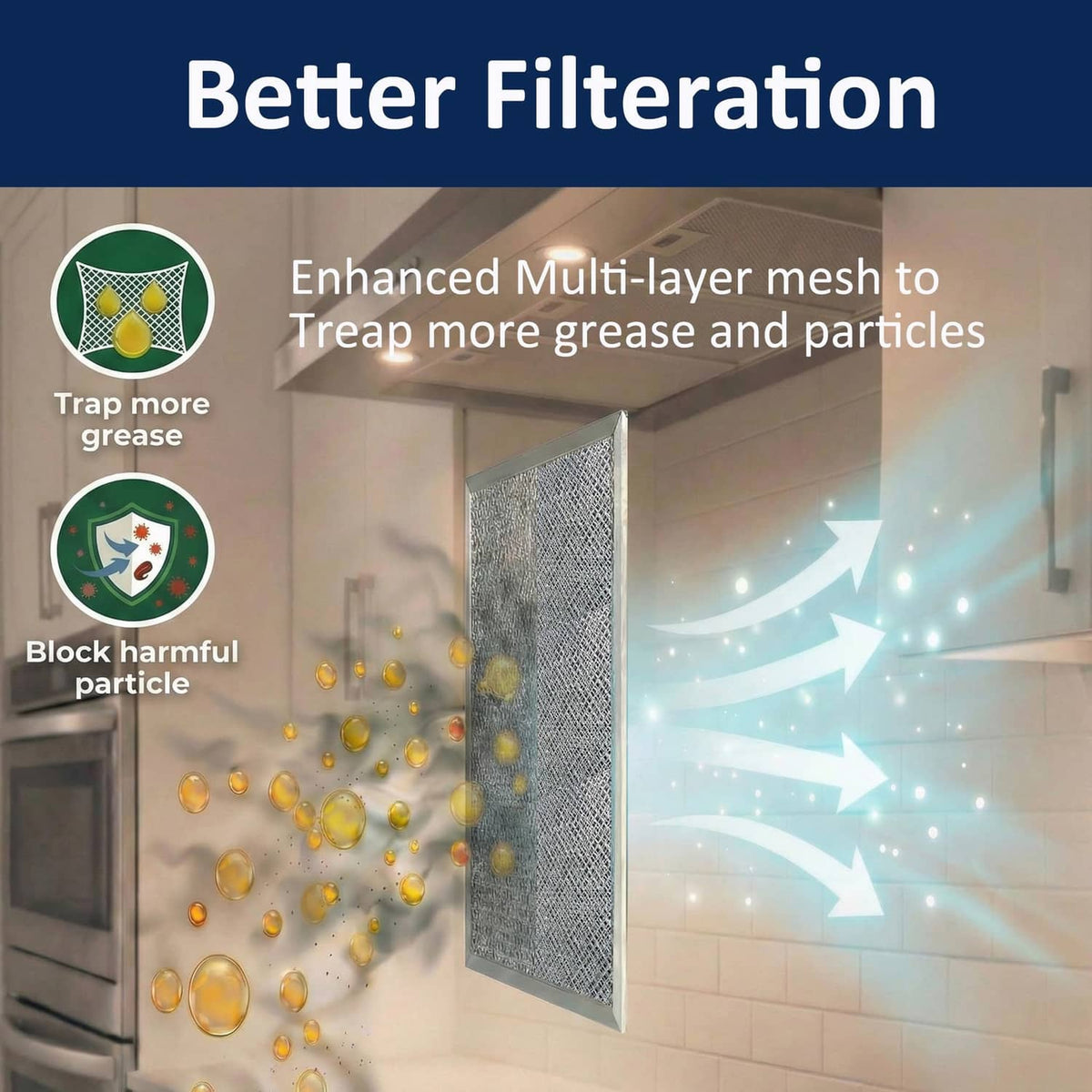 Gray metal range hood grease filter panel with fine mesh surface