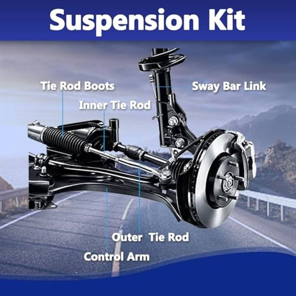 Suspension kit diagram showing control arm, tie rod ends, and sway bar link