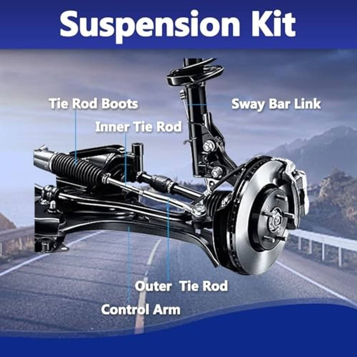 Suspension kit diagram showing control arm, tie rod ends, and sway bar link