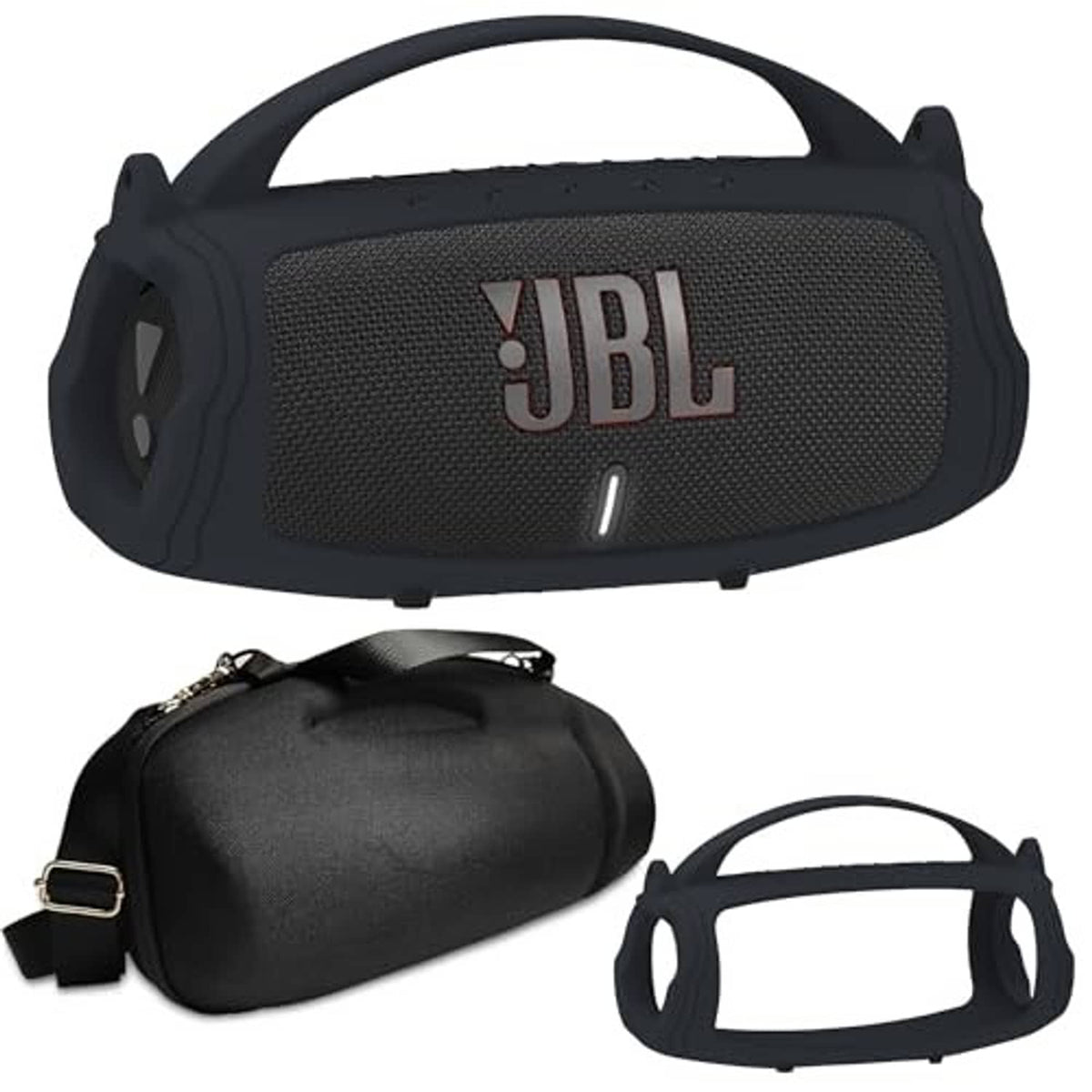 Black JBL portable speaker silicone cover with EVA hard travel case and handle