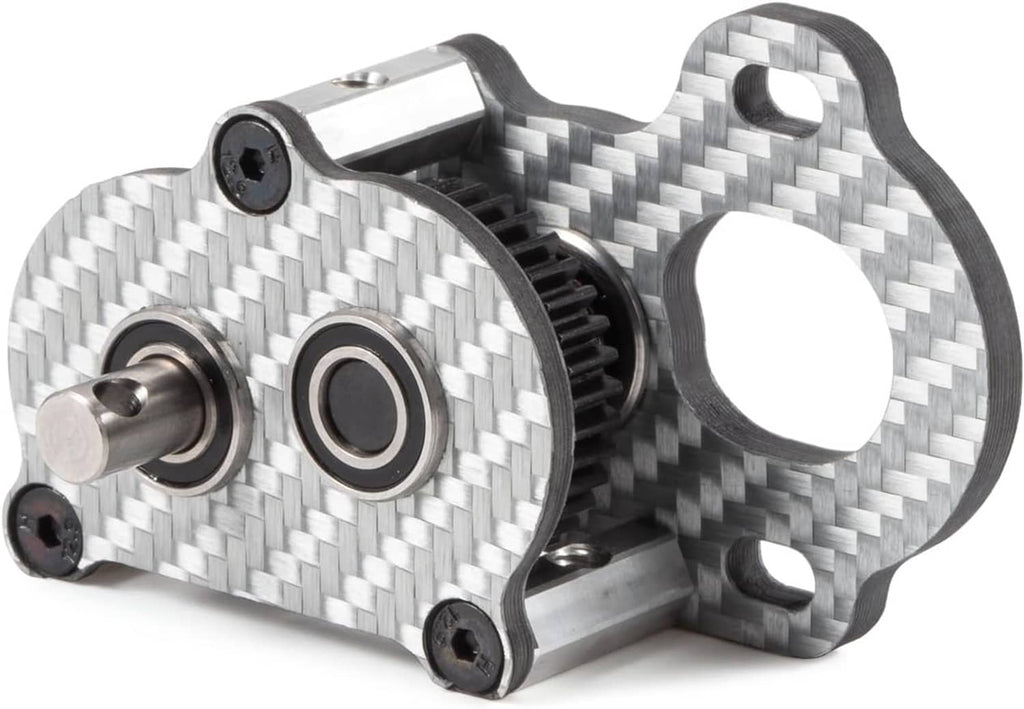 Carbon fiber portal transmission gearbox with spur gear and circular bearing caps, RC crawler