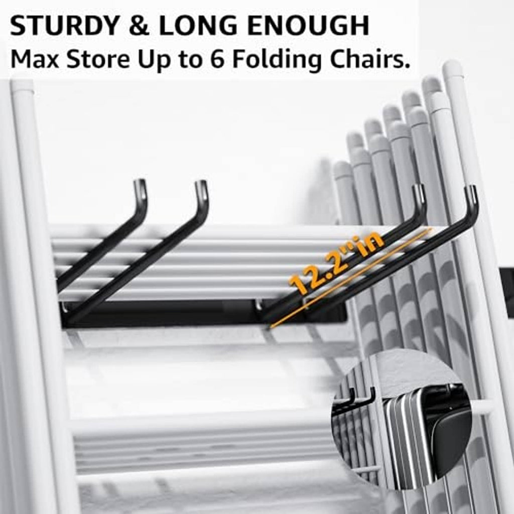 Black chair storage rack with front hook arms for hanging folded chair seats