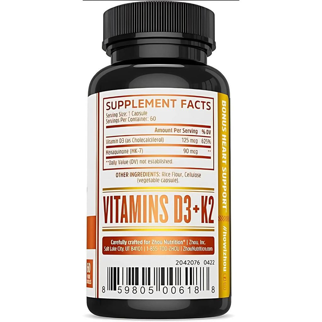 Zhou D3 + K2 supplement facts panel label with vitamins D3 and K2