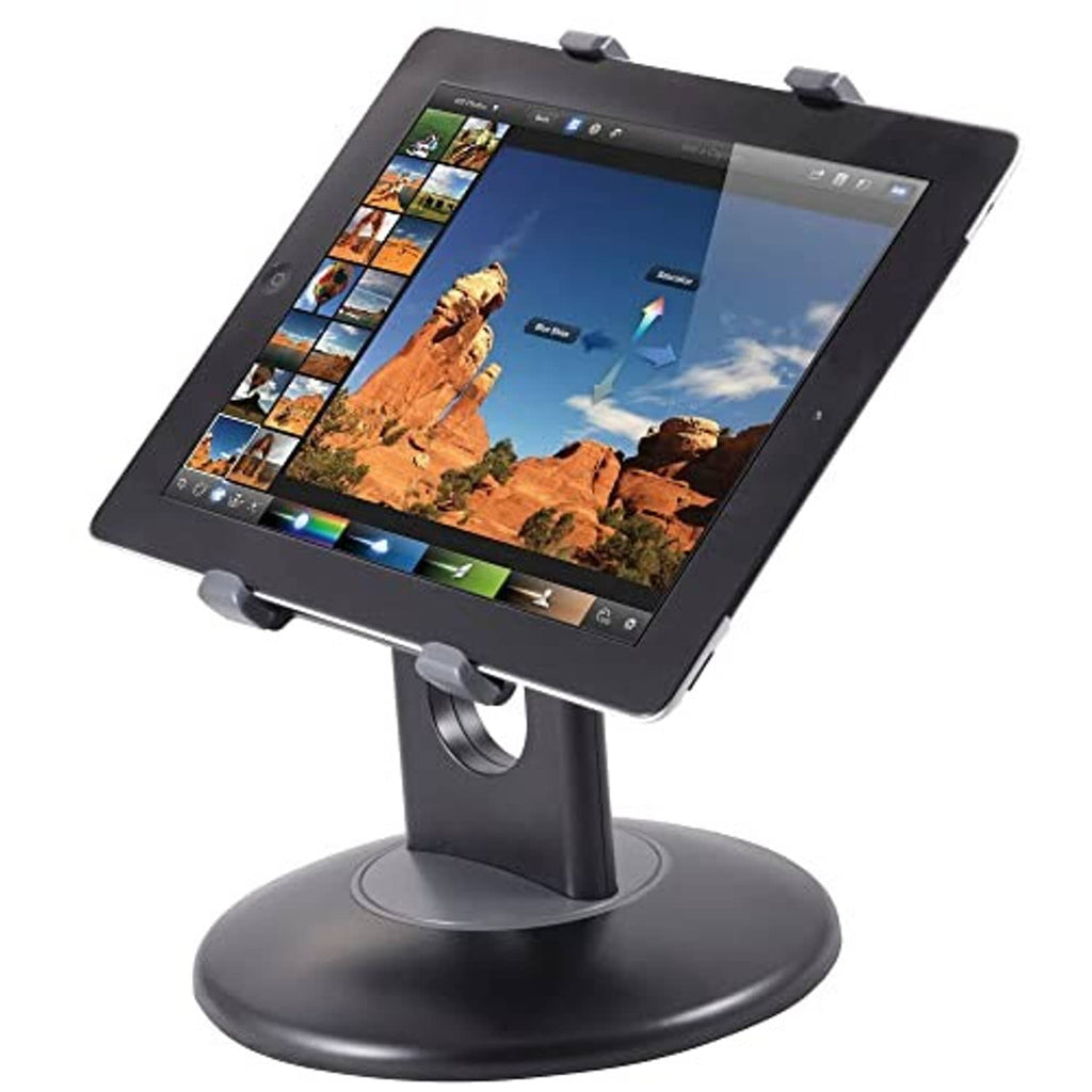 Adjustable tablet stand with black base and gray grips holding a tablet at a tilt