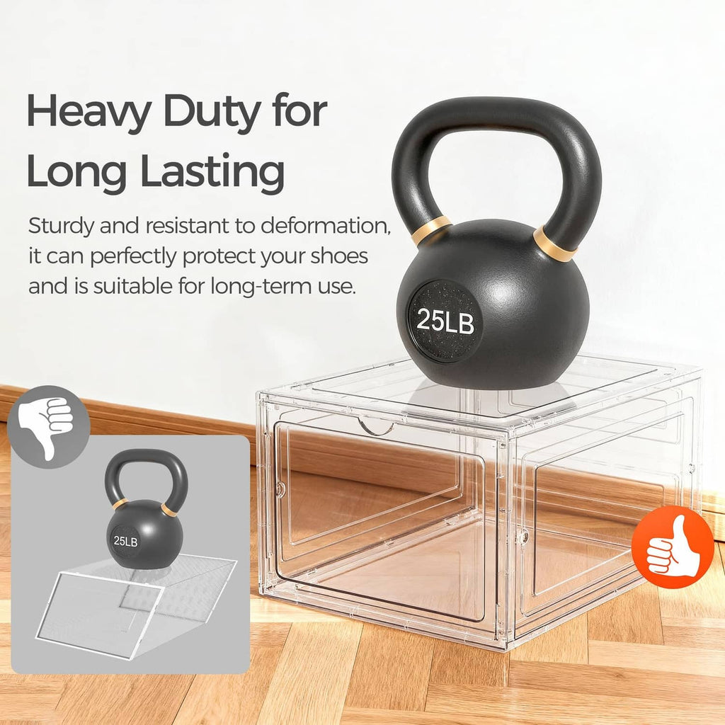 Clear shoe storage box with reinforced frame and visible carry-handle design