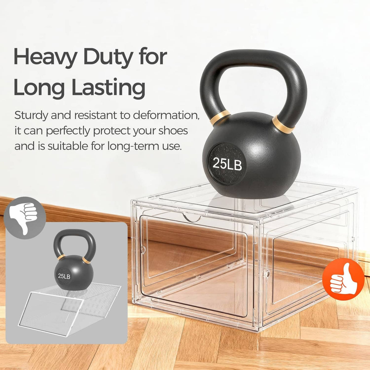 Clear shoe storage box with reinforced frame and visible carry-handle design