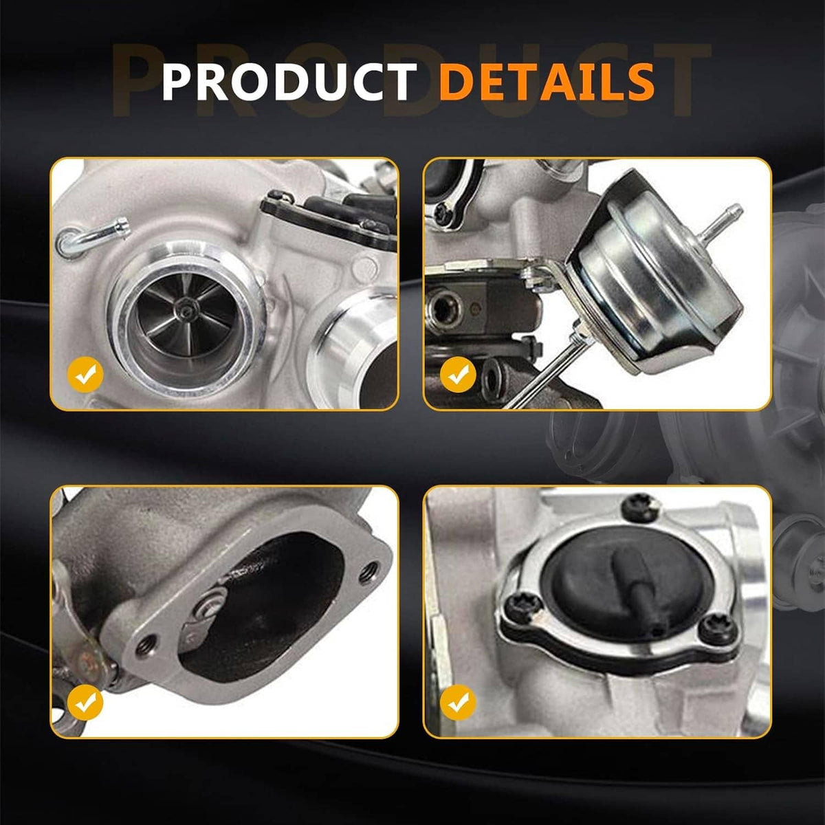 Turbocharger detail views: compressor wheel, outlet pipe, gasket surfaces, actuator