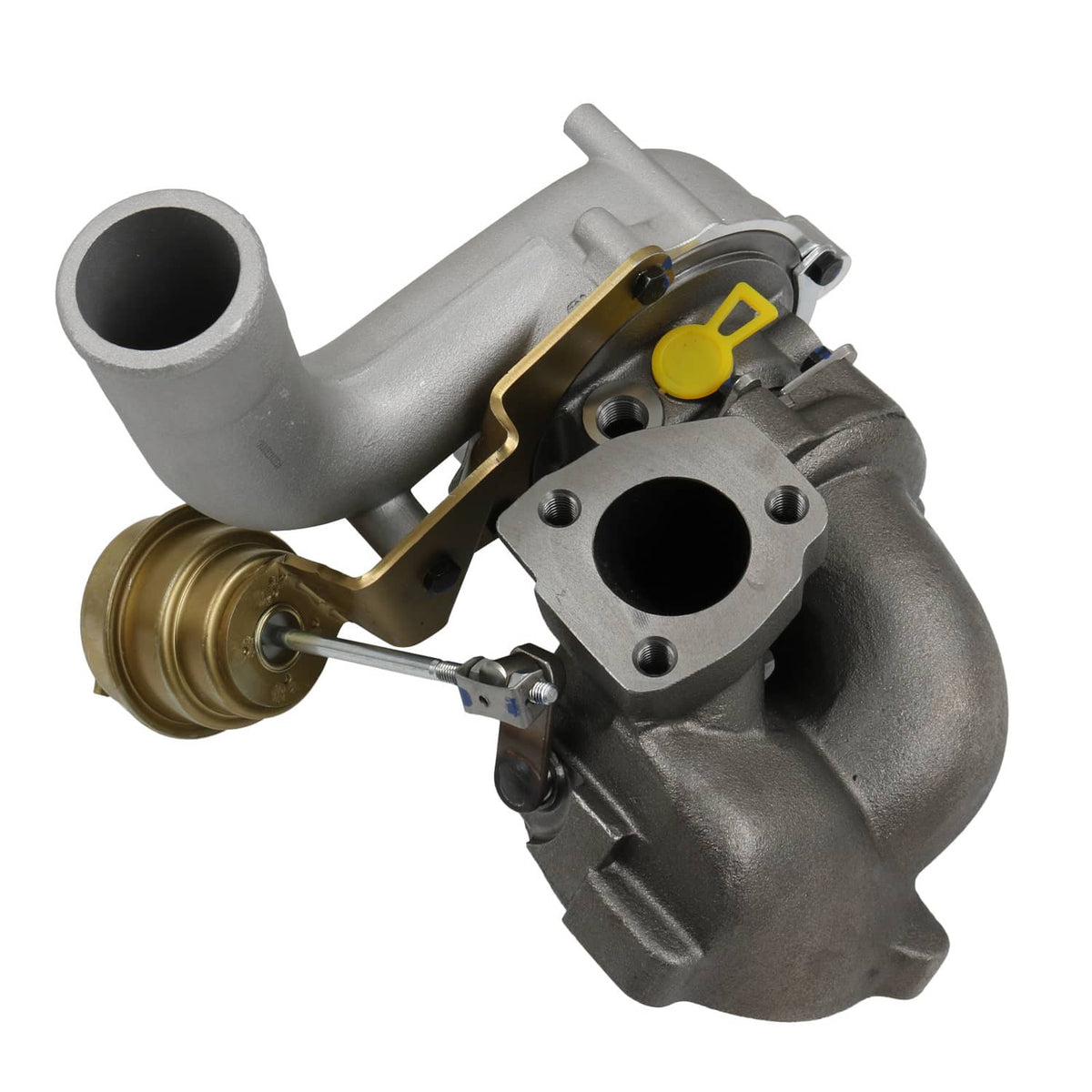 Turbocharger with gold compressor and silver intake pipe, black outlet flange and valve area