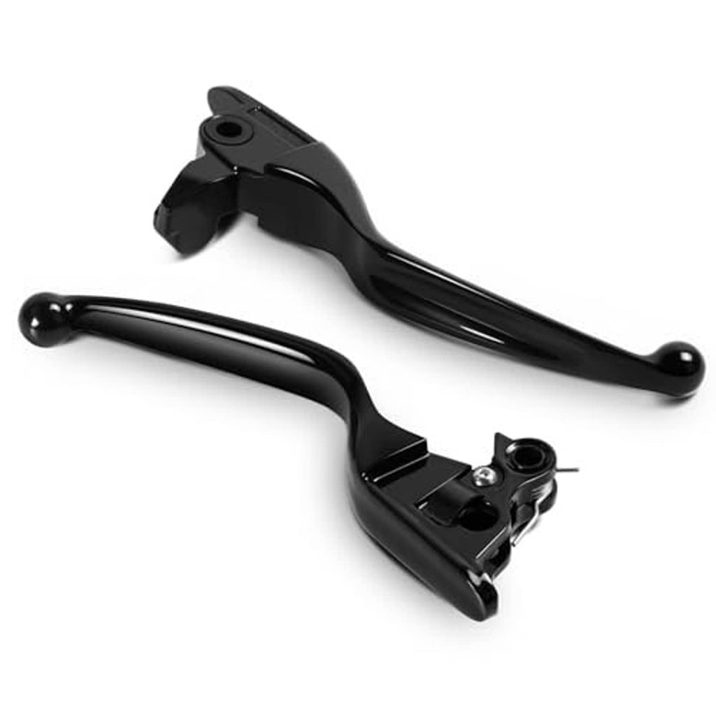 Black brake and clutch lever pair with long grips and fork-style mounting bracket