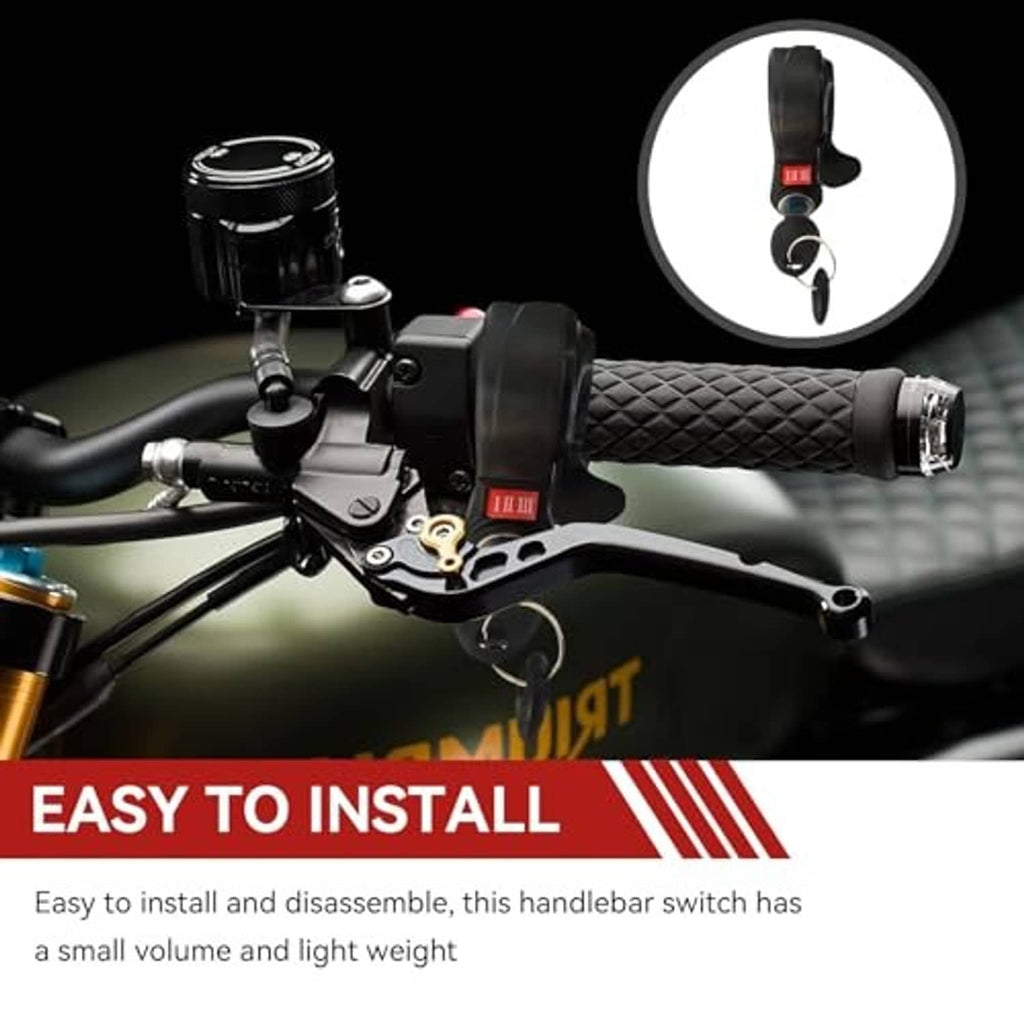 Handlebar-mounted thumb throttle switch with three-speed indicator, black rubber