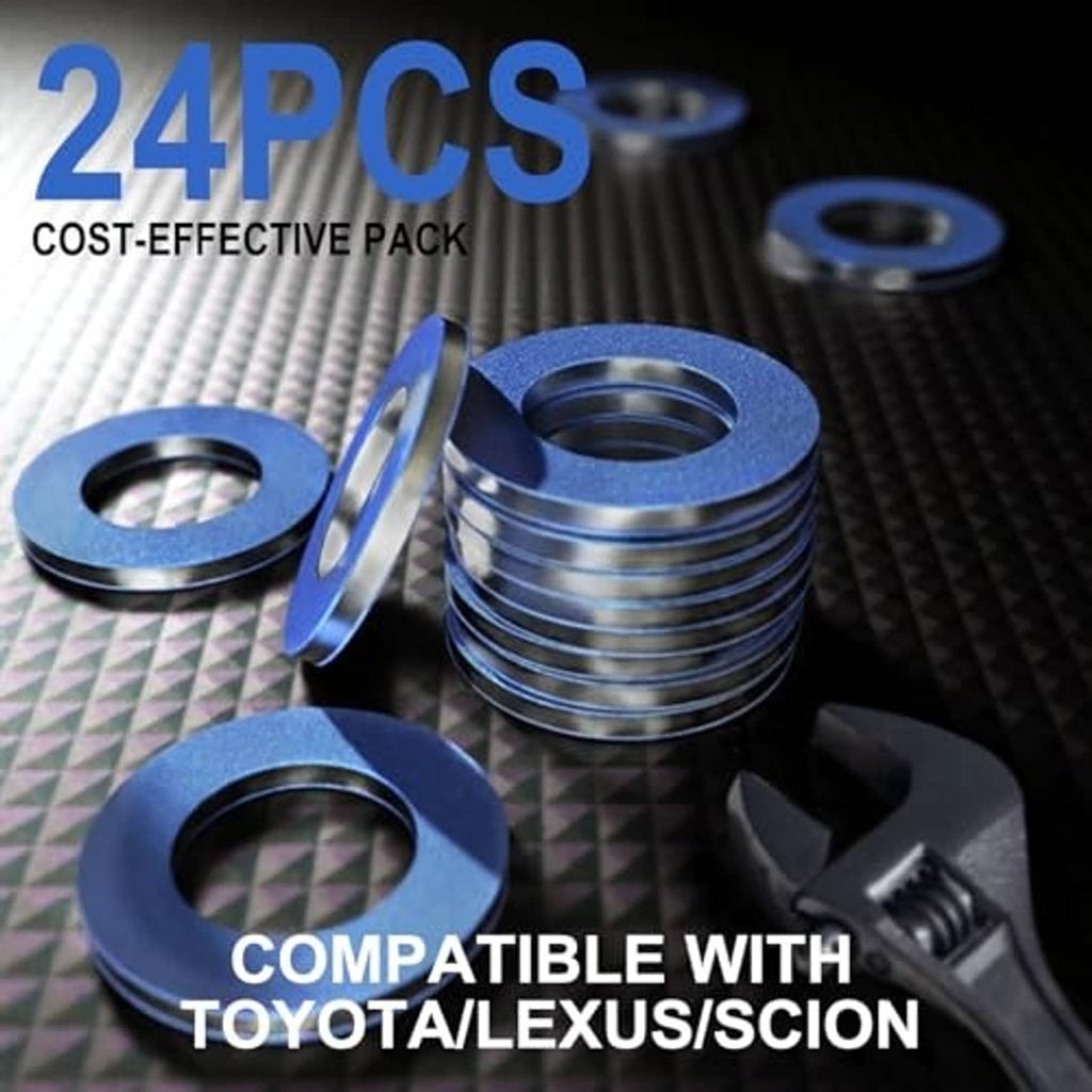 Blue oil drain plug gaskets and silver metal threaded crush washers, compatible set