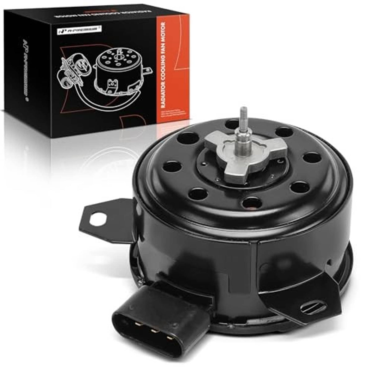 Radiator fan motor with mounting bracket and product box in black and red.