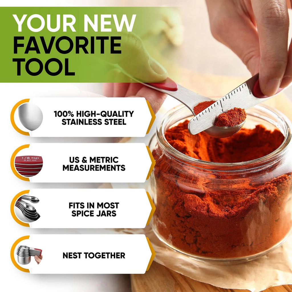 Measuring spoon with red end cap scooping spices from a jar; stainless steel
