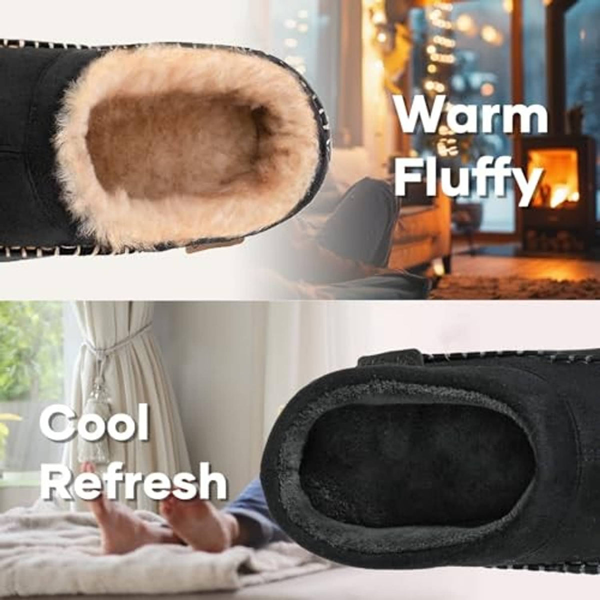 Men's black slip-on moccasin slippers with plush faux-fur inner lining