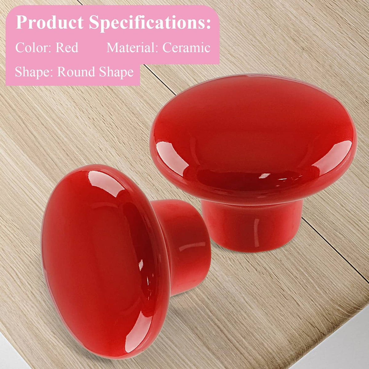 Red glossy round ceramic cabinet knobs, two-piece set with base stem