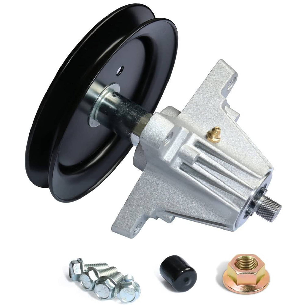 Spindle assembly with black belt pulley, silver housing, and mounting hardware