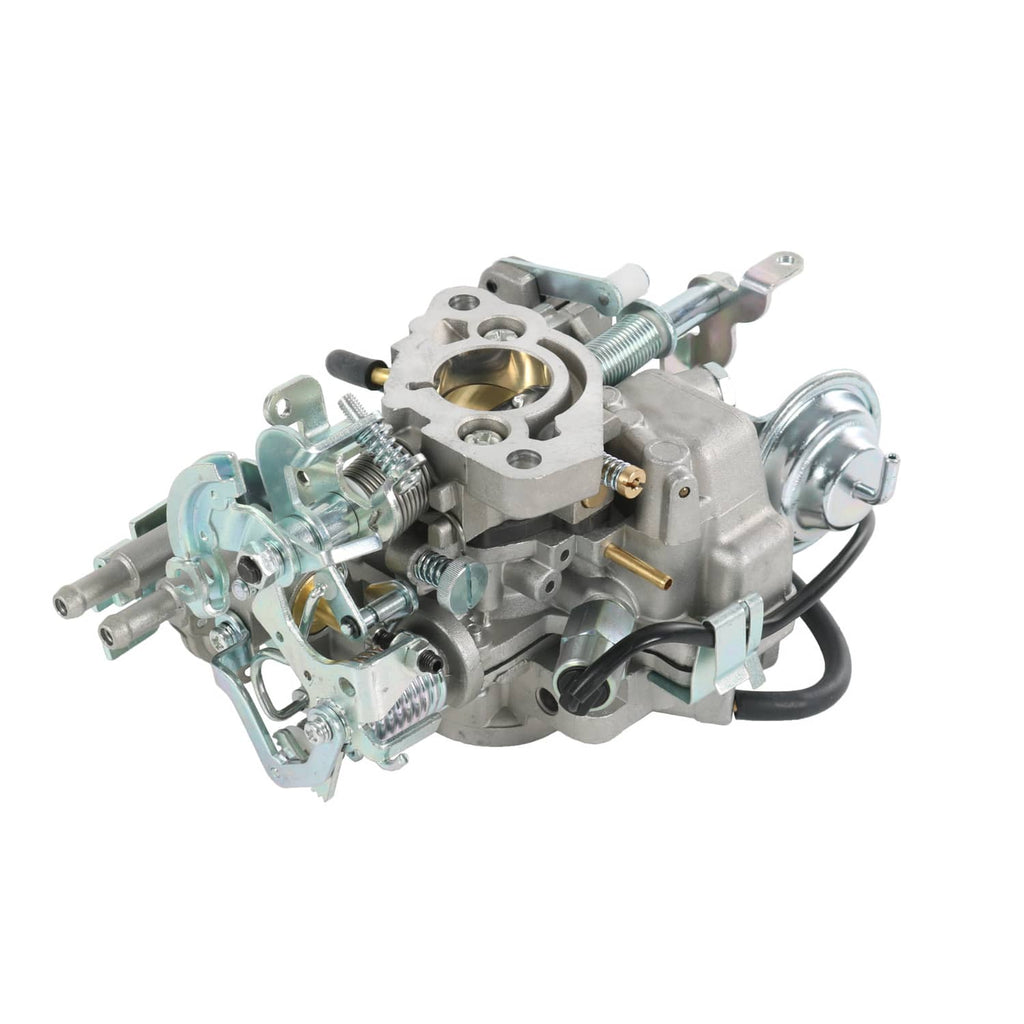 Carburetor assembly with metal linkage and vacuum fittings, angled view