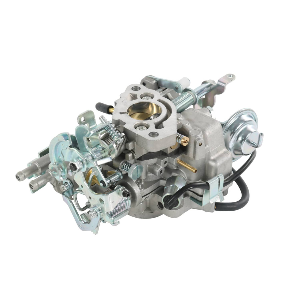 Carburetor assembly with metal linkage and vacuum fittings, angled view