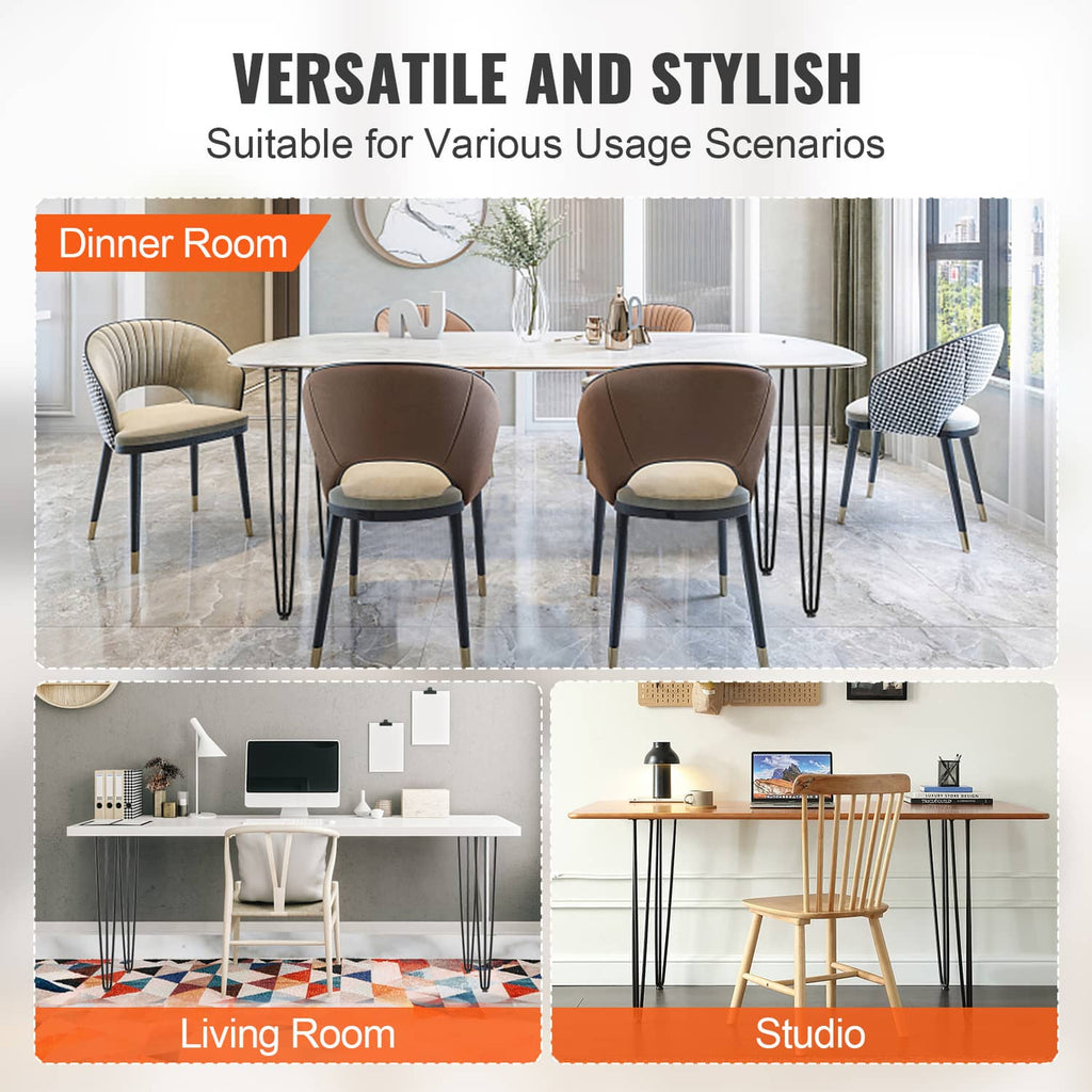 Black steel table legs supporting a tabletop in a dining room arrangement