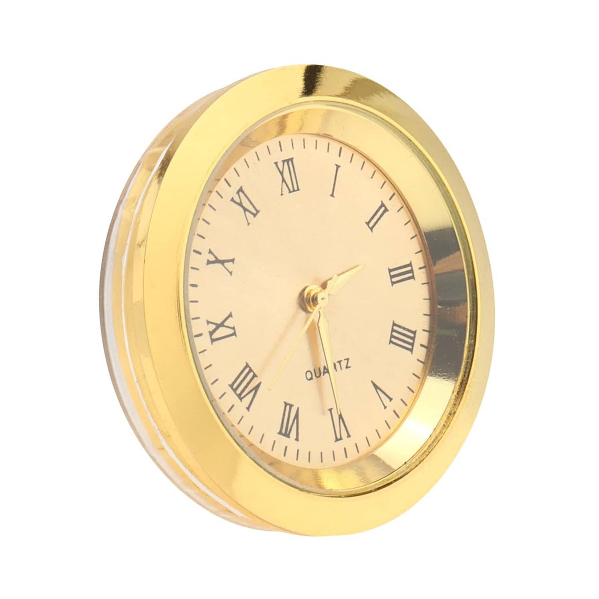 Mini quartz clock close-up with gold round bezel and Roman numeral dial