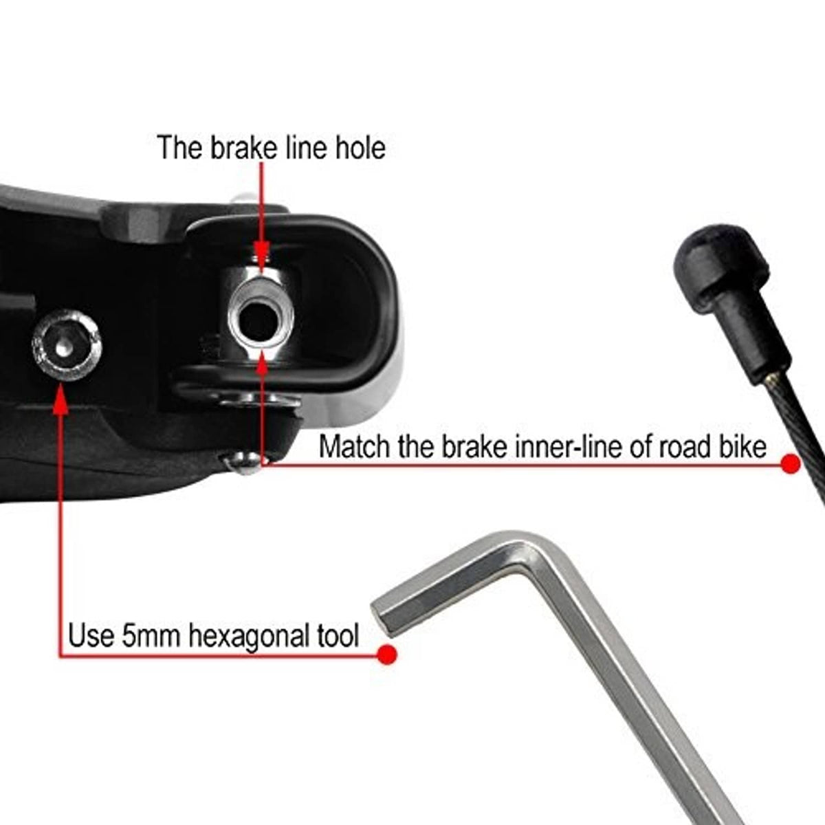 Brake lever end with inner line opening; includes 5mm hex tool for mounting