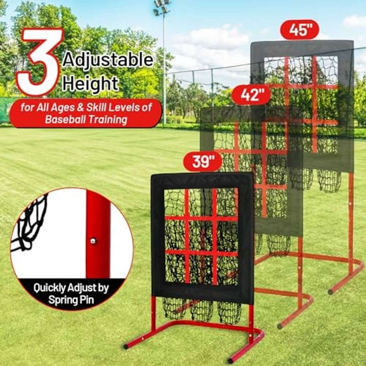 Adjustable-height pitching net with red frame and black netting, strike target grid