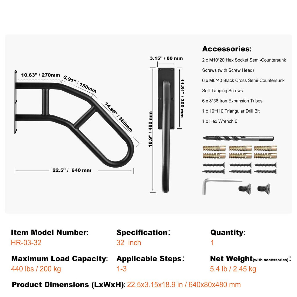 Wall grab bar with dimension diagram and included accessory list