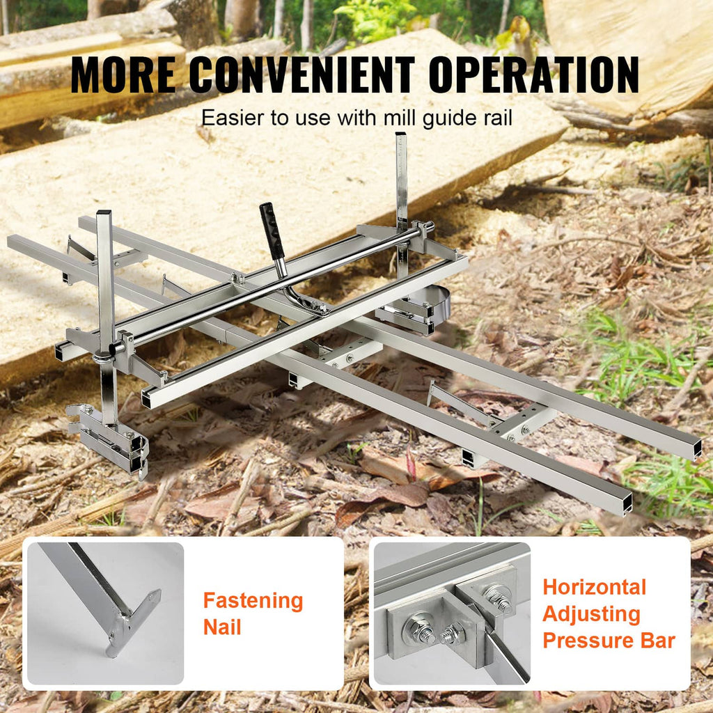 Chainsaw mill guide rail with fastening nail and pressure bar on log