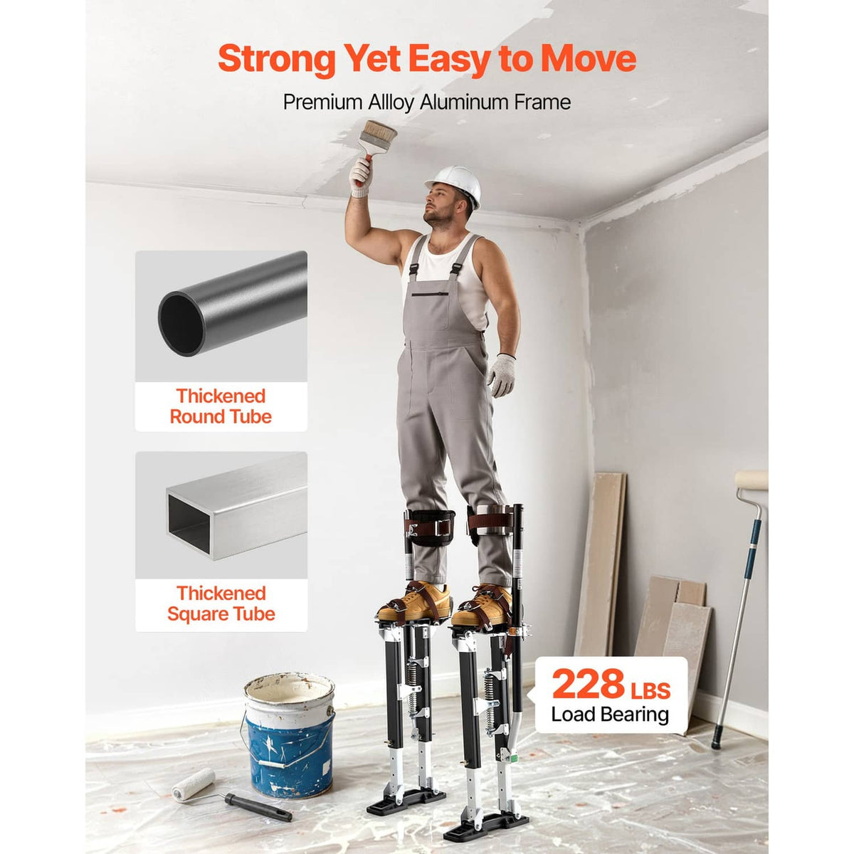 Adjustable drywall stilts with aluminum frame, brown calf straps, and wide non-slip foot pads