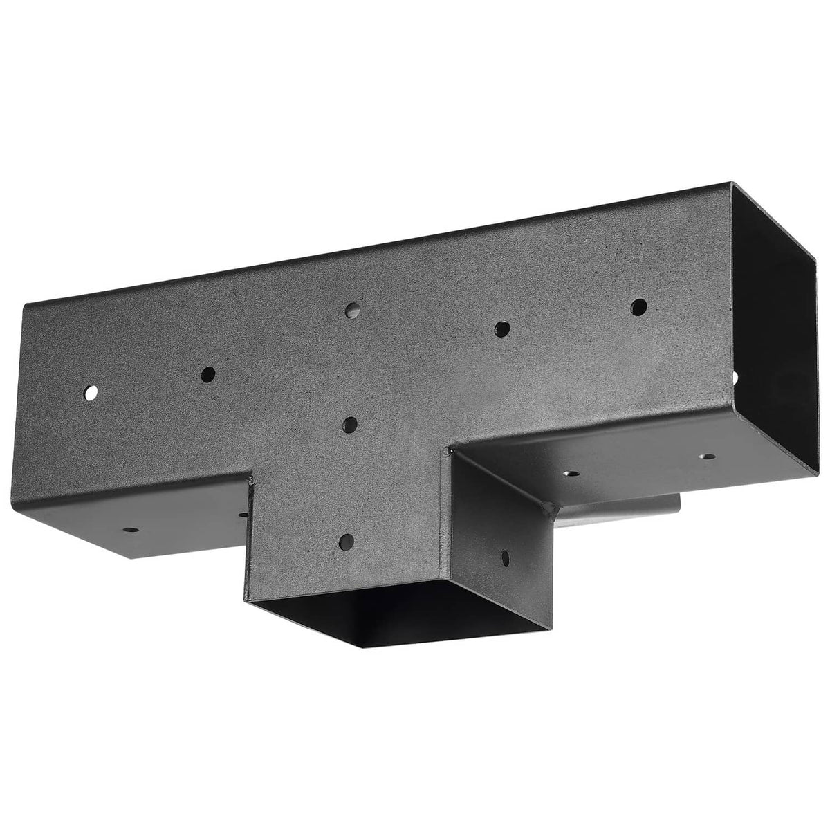 Metal slanted pergola post bracket with wide flange and predrilled mounting holes, black