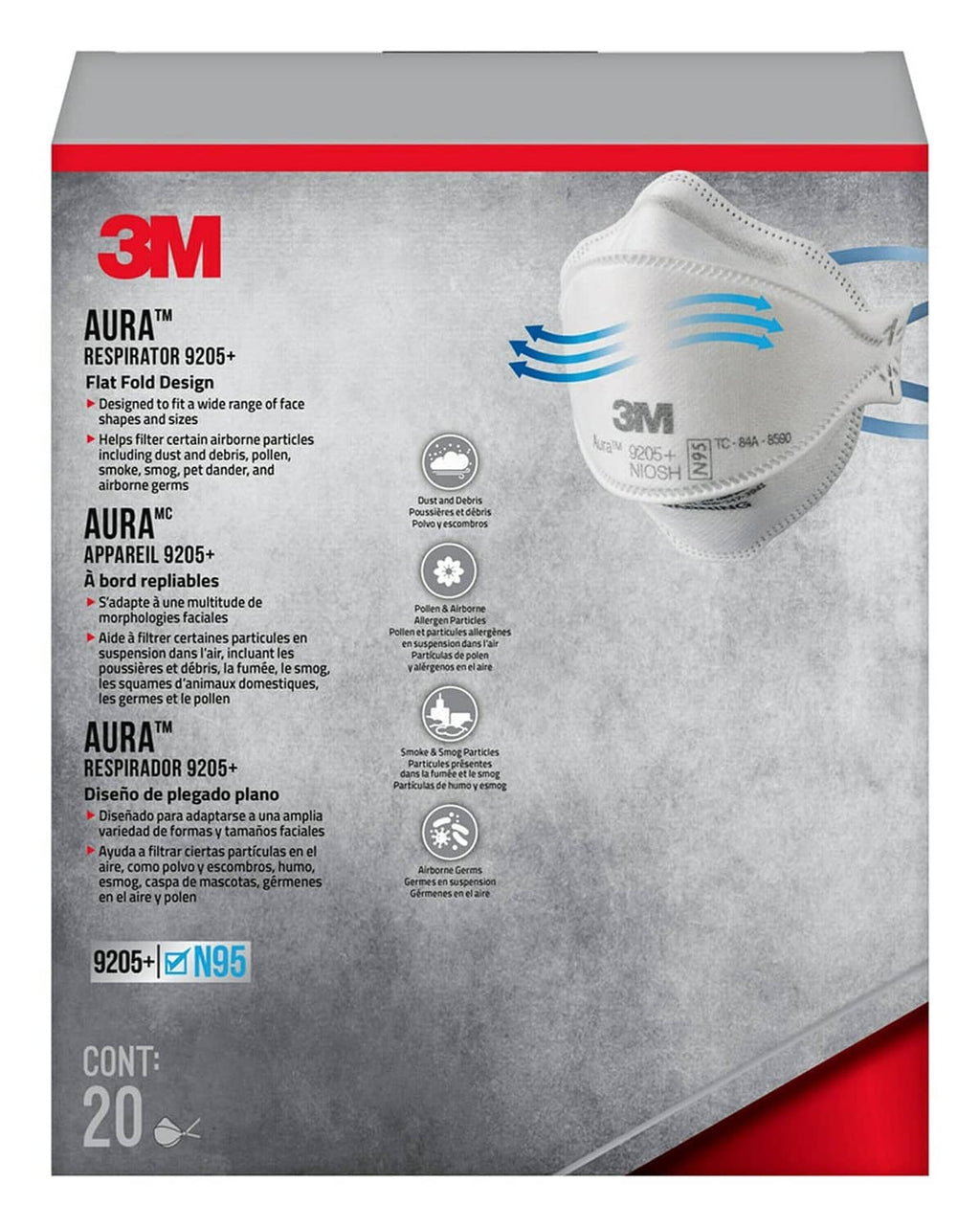 3M AURA N95 respirator mask packaging showing a white cup mask with blue ear loops