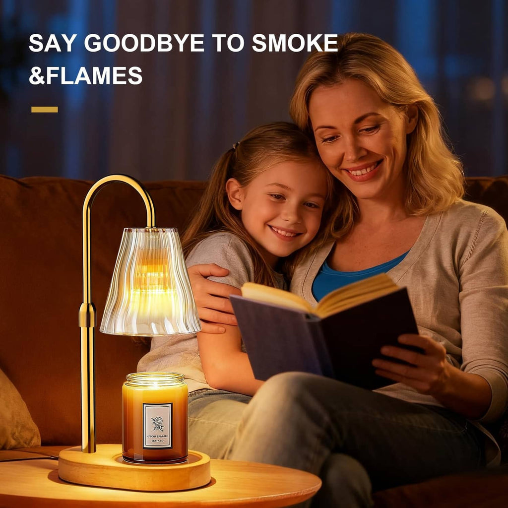 Luxmore candle warmer lamp on wood base with lit amber candle jar and fluted glass shade