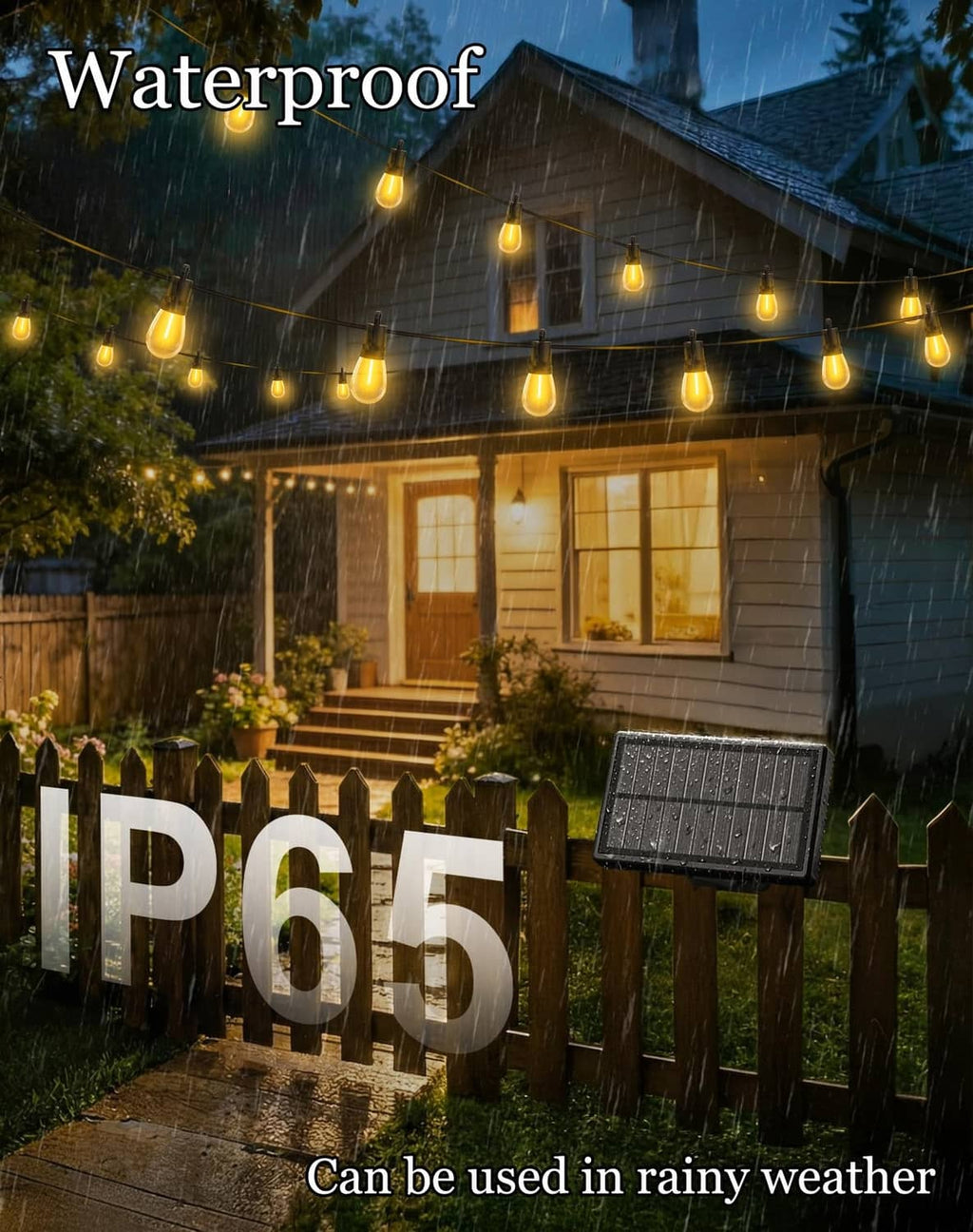 Outdoor solar string lights with warm amber bulbs and a portable solar panel