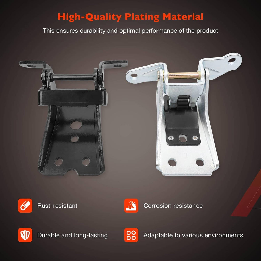 High-gloss black and silver door hinge pair, upper and lower, left and right