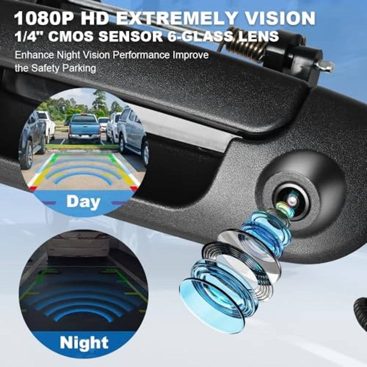 Black tailgate handle backup camera with extended mount spring and round lens