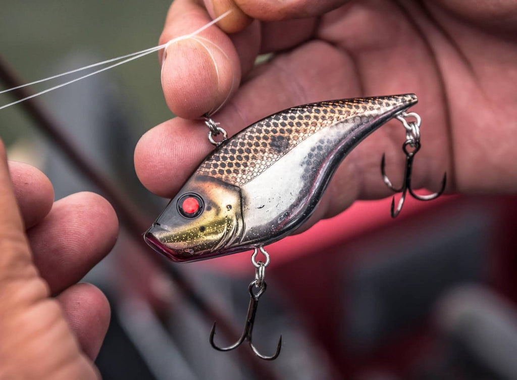 Beige-and-brown crankbait with red eye and treble hooks, held in fingers