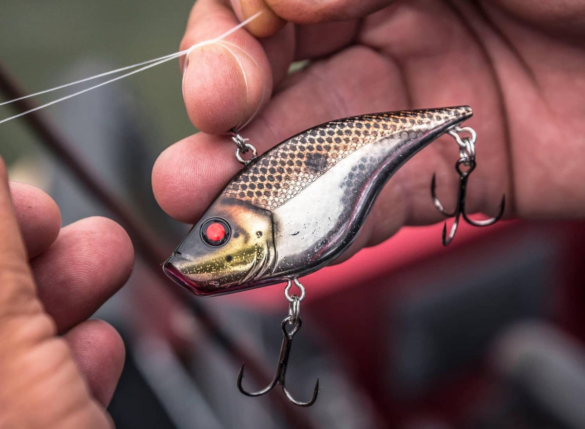 Beige-and-brown crankbait with red eye and treble hooks, held in fingers