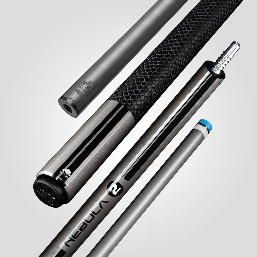 Gray pool cue shaft with black textured grip and blue ring joint detail