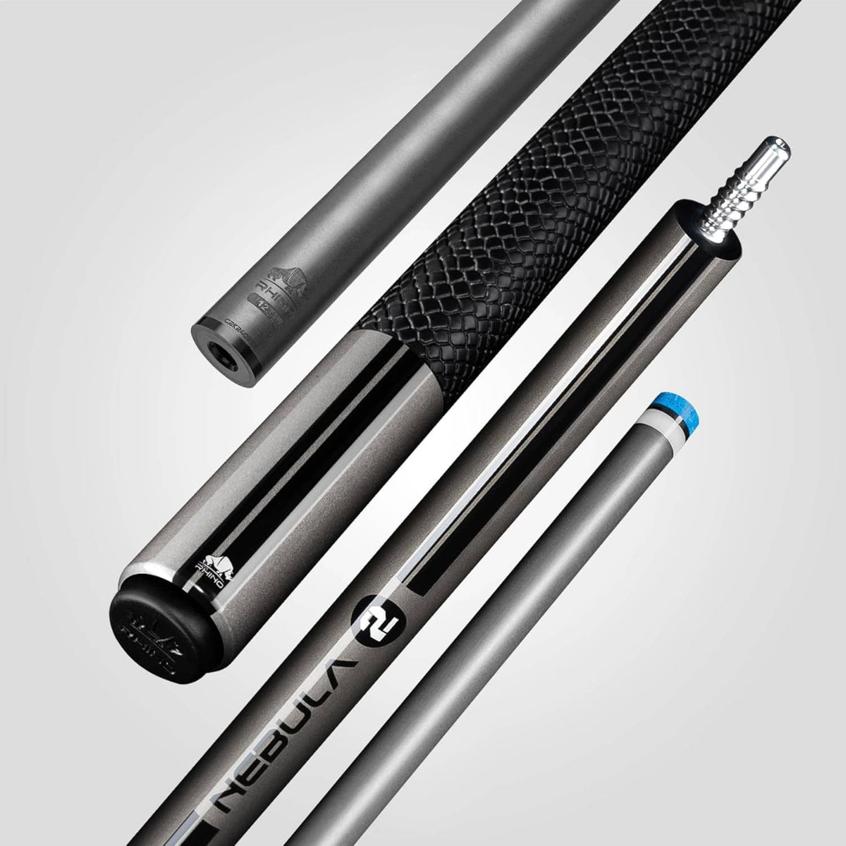 Gray pool cue shaft with black textured grip and blue ring joint detail