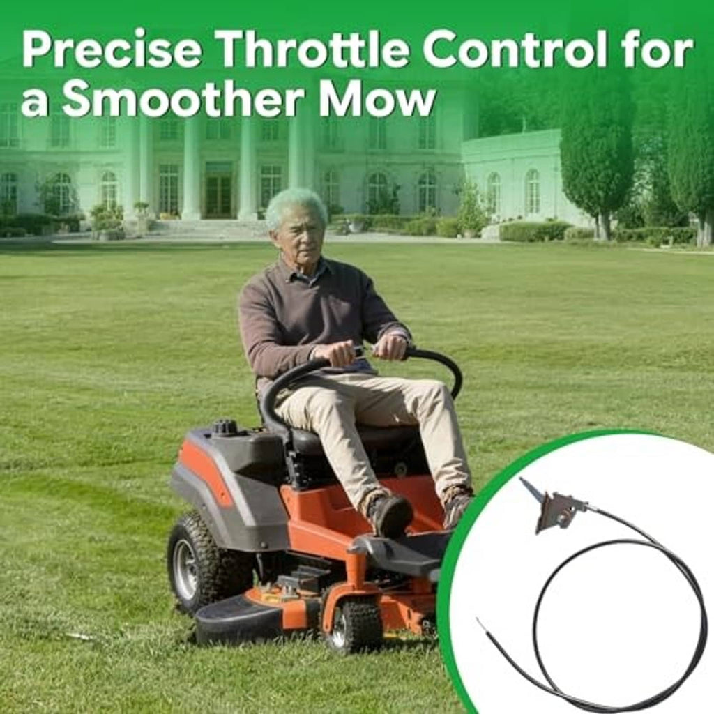 Throttle cable on orange riding mower with black cable loop and silver bracket