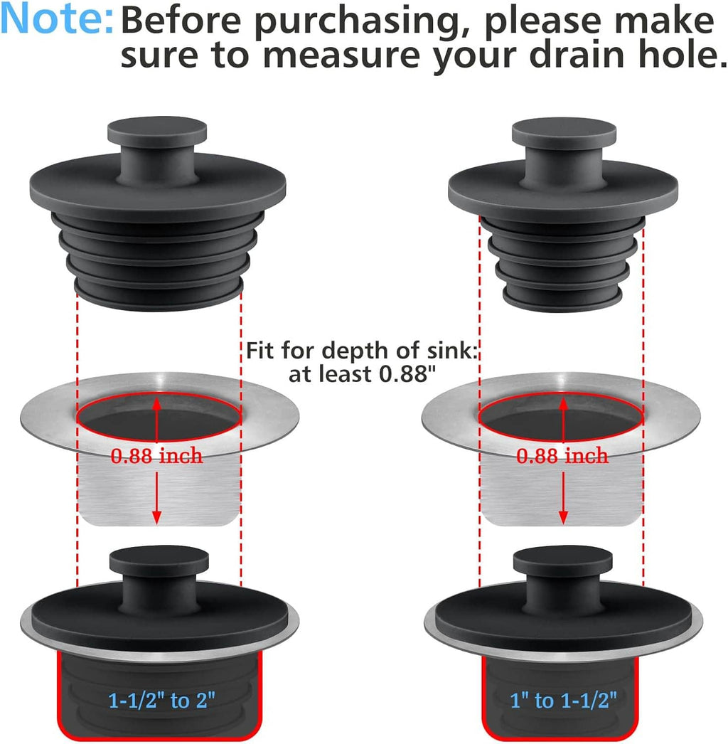 Silicone drain stopper set showing fit depth and range for sink holes