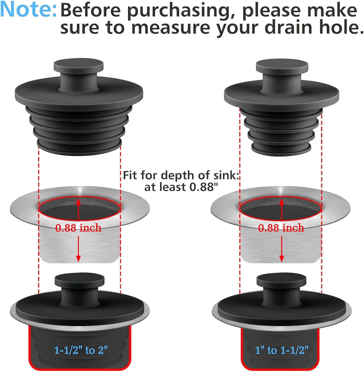 Silicone drain stopper set showing fit depth and range for sink holes