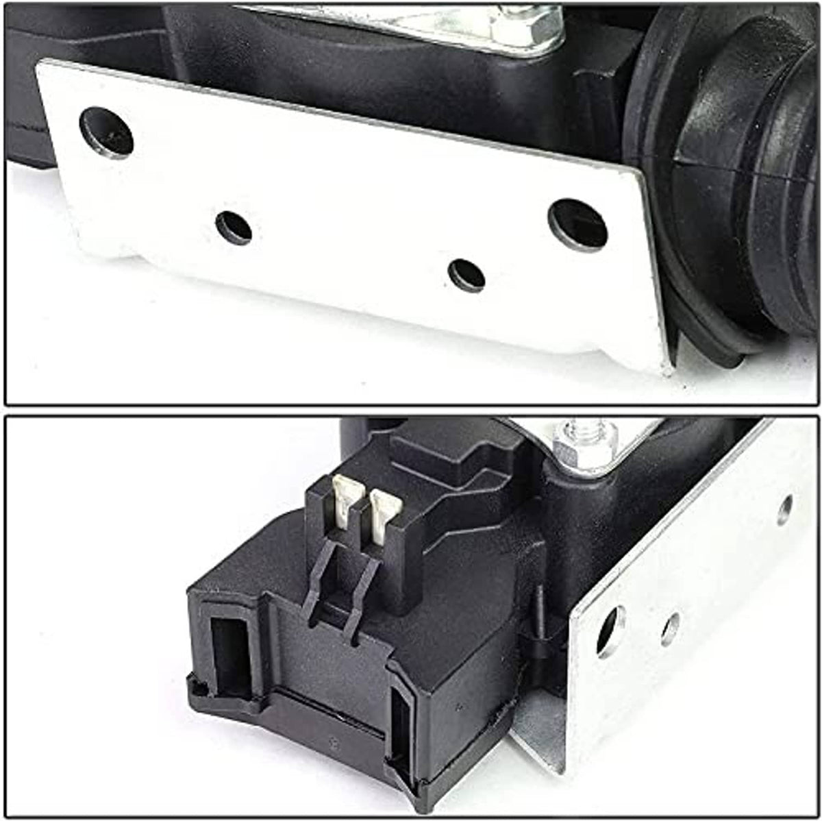 Power door lock actuator close-up showing mounting plate and black connector housing