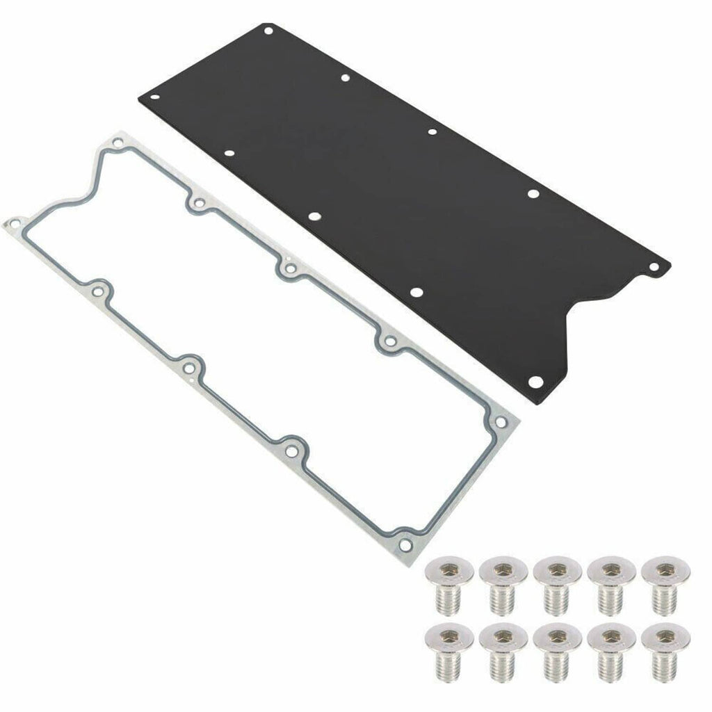 Black cover plate, silver gasket, and mounting bolts for knock sensor delete